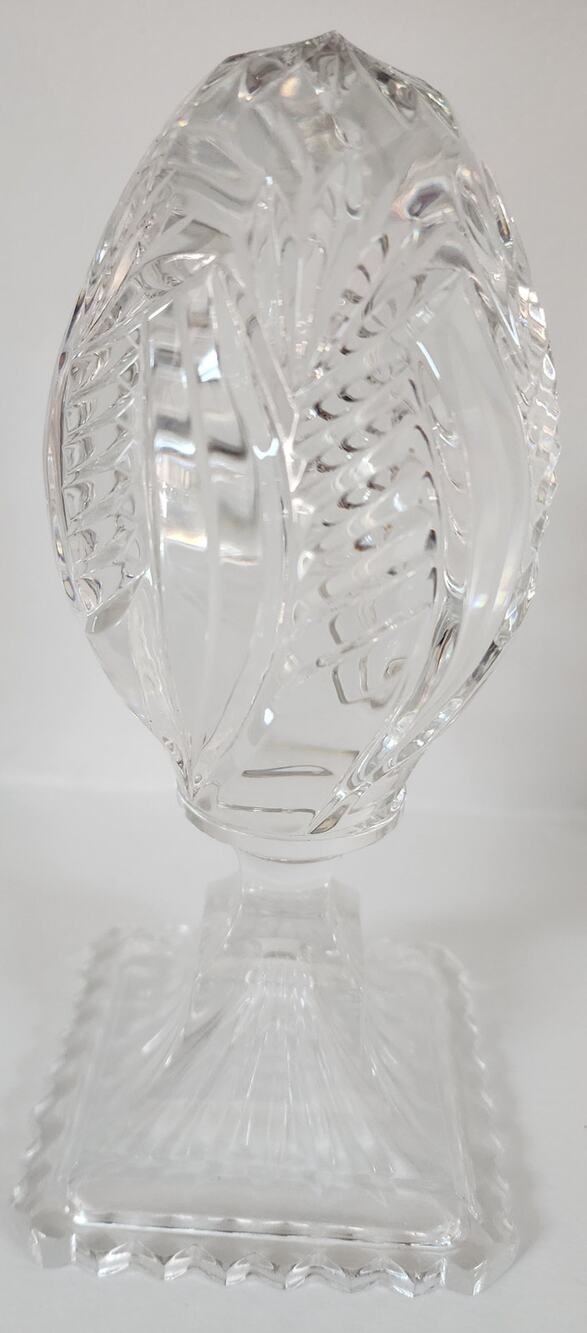 Vintage Lead Crystal Cut Glass Egg on Pedestal Base 7.25" Starburst & Leaf Motif